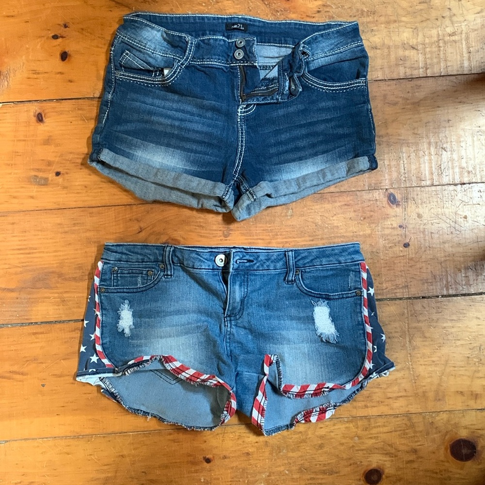 Two pairs of Rue 21 Patriotic Jean Shorts sizes 11/12 and 7/8